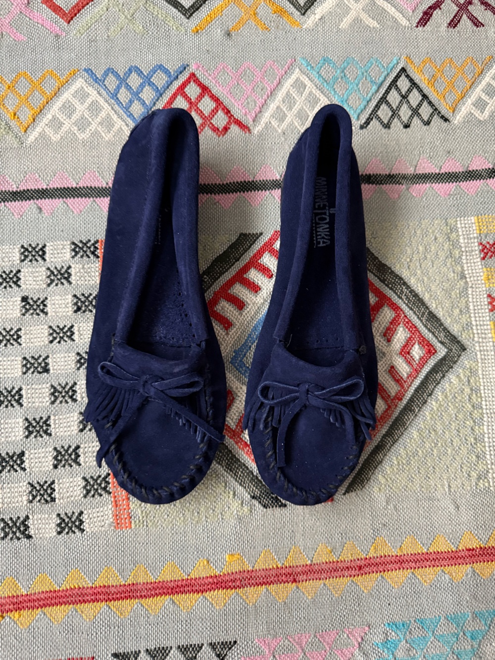 Minnetonka Navy Suede Kiltie Moccasins with Bow